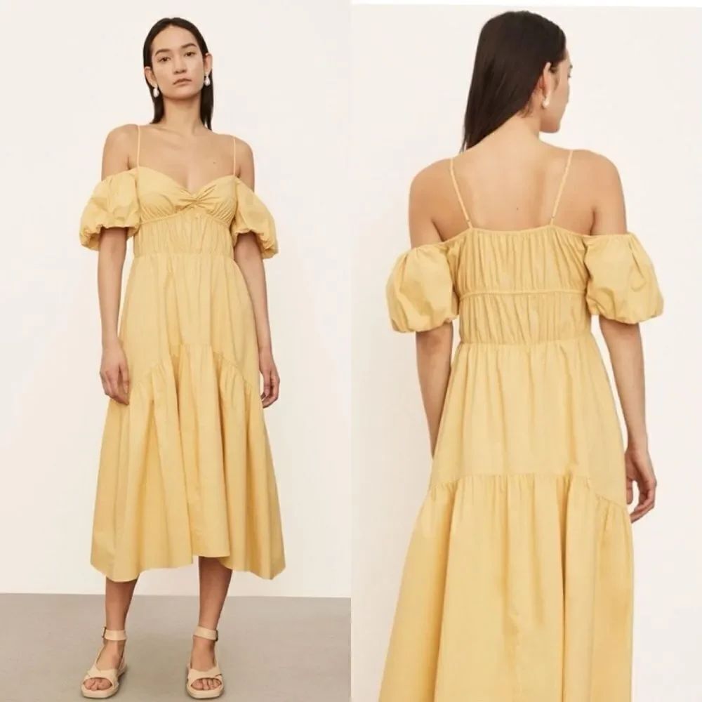 Vince Draped Midi Yellow Dress Cold-Shoulder Tiered Size 0